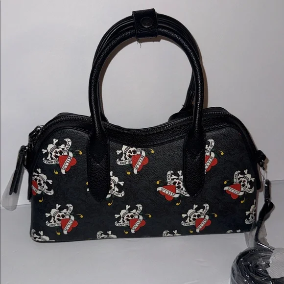 NWT Ed Hardy Love Kills Slowly Heart Skull Bones 13 Handbag Purse Black Red - Picture 7 of 9